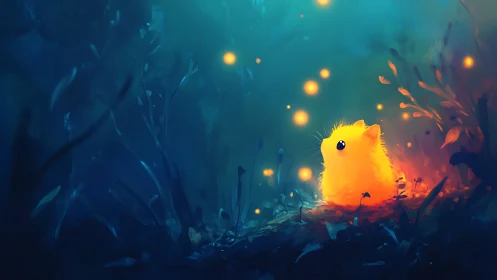 Luminous neon creature observing bioluminescent forest orbs.