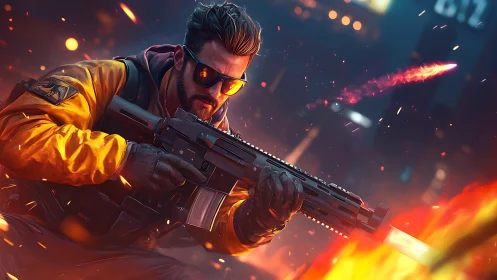 Urban commando in neon firefight with blazing rifle focus.
