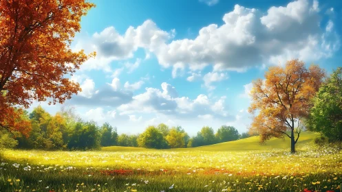 Sunlit wildflower meadow under bright drifting clouds.