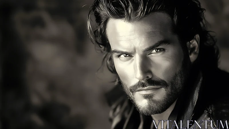 Monochrome close-up portrait of intense bearded man.