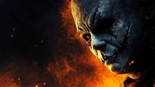 Burned mask horror portrait glows against swirling fire