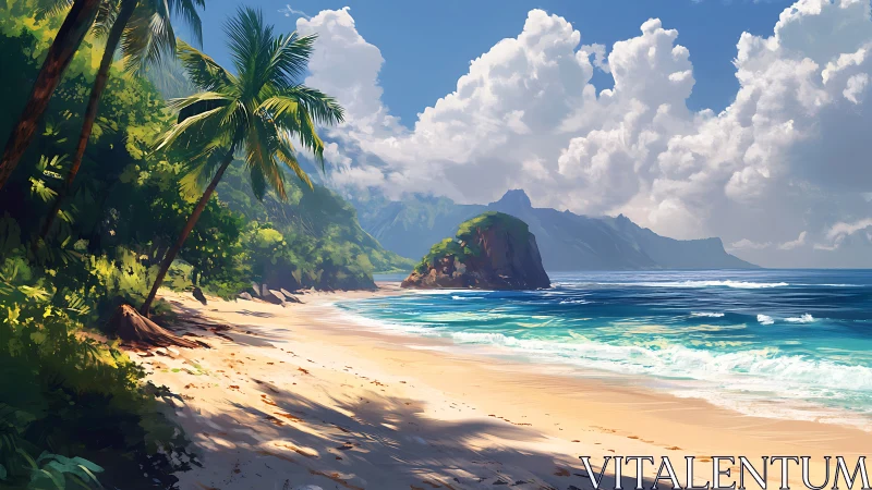 Tropical Coastline Paradise. Secluded Beach, Mountain Peaks, Palm Shade.