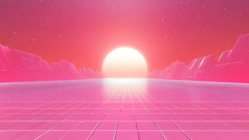 Neon pink vaporwave horizon with grid and glowing sunset.