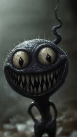 Tall dark creature stands centrally with exaggerated features