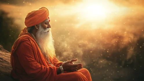 Elderly sage in orange robes meditates under radiant cosmic light