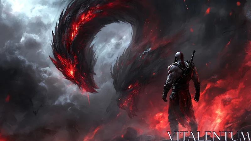 Lone warrior meets blazing dragon spirit in swirling storm.