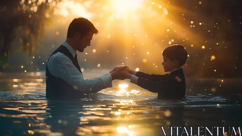 Man and boy standing in river at sunset holding hands.