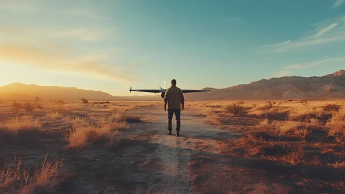 Person carrying small aircraft across dry desert plain at sunset.