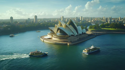 Aerial daylight study of Sydney Opera House and harbor ferry traffic
