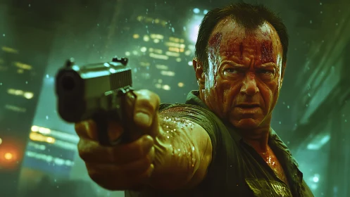 Battle-worn gunman aims forward in neon-soaked nightscape.