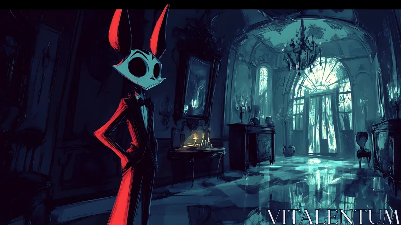 Eerie horned figure surveys a moonlit, ruined mansion hall.