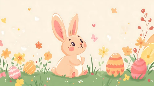 Cute pastel bunny in stylized Easter meadow composition
