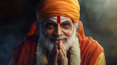 Elderly Hindu sage bows in prayerful greeting under warm light