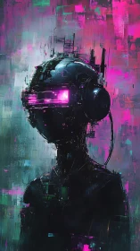 Neon cyber wanderer pauses in a dreamy digital storm of light