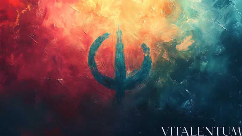 Central dark symbol within textured warm cool gradient field.