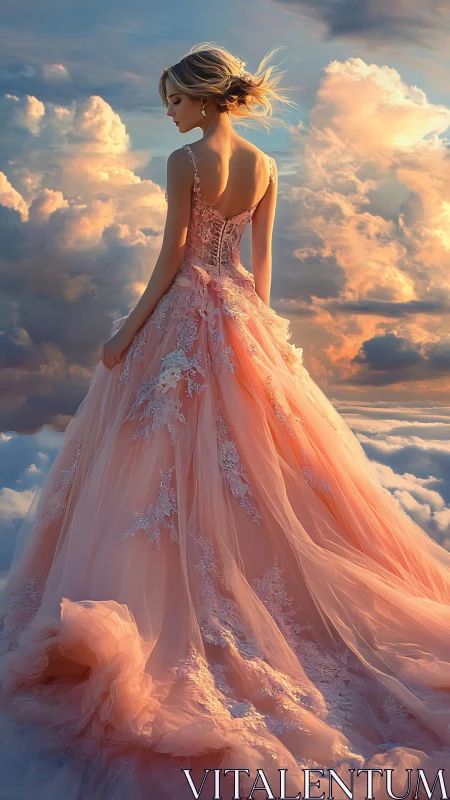 Backlit peach ballgown dress rendered against volumetric sunset clouds