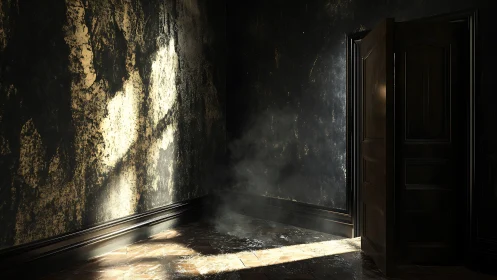 Raking light penetrates a dark corridor through a half-open door