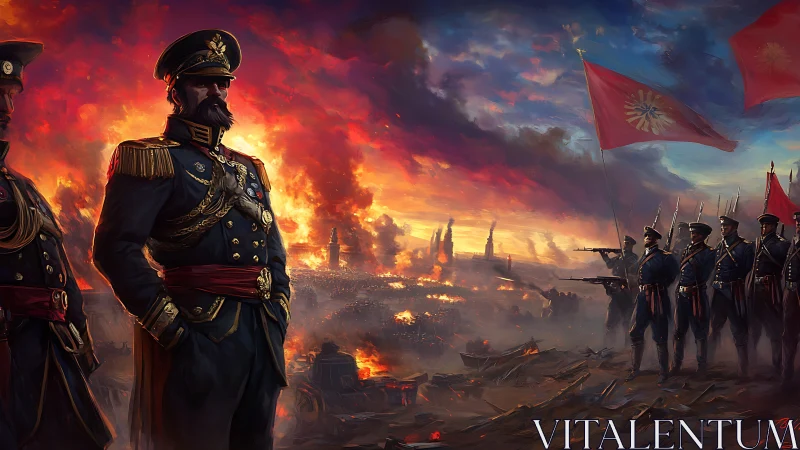 Commanders stand firm above a burning battlefield at dusk