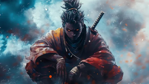 Stormlit crouched warrior in ember-red robes amid swirling mist.