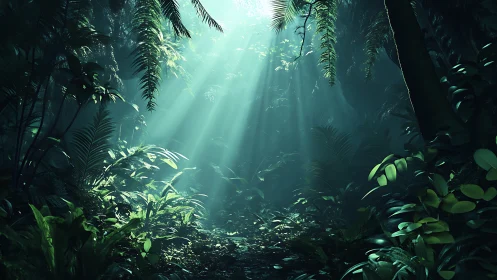 Photorealistic tropical forest with God rays through dense canopy.