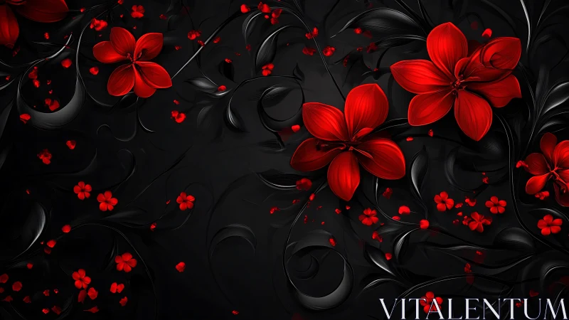 Red flowers with black swirling botanical elements on dark background.