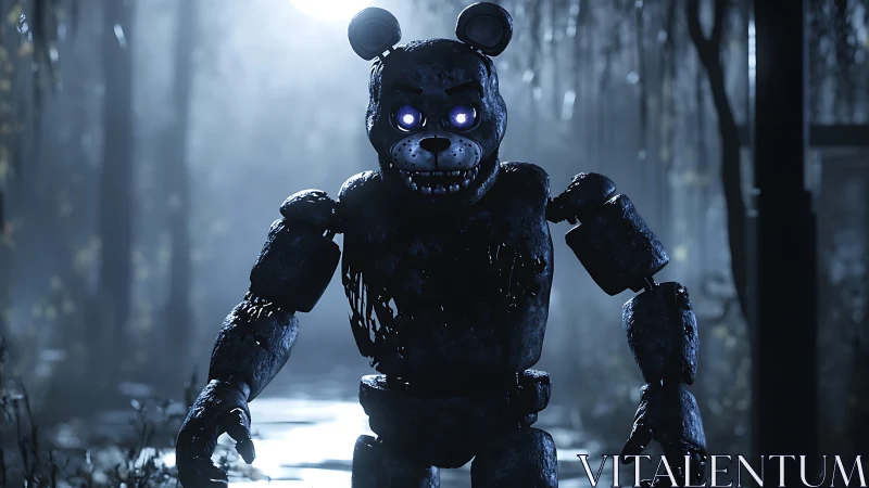 Broken animatronic bear in dark swamp at night.