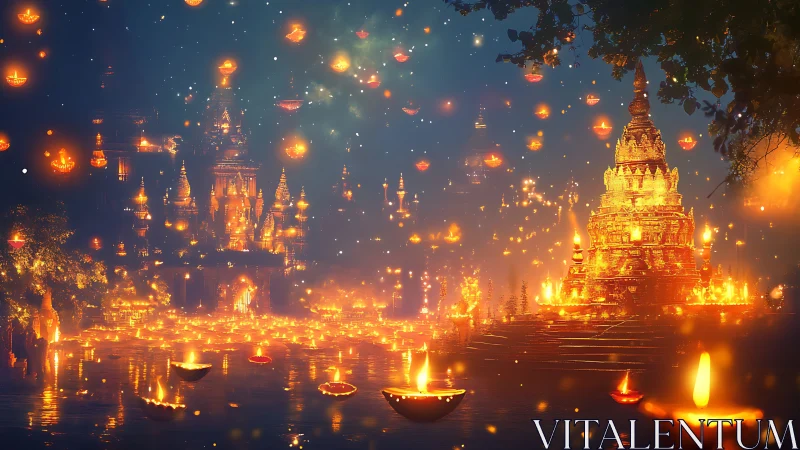 Temple city glows with floating lanterns over reflective river