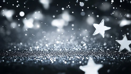 Silver star confetti with shimmering bokeh on dark surface.