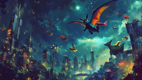 Nocturnal dragon swarm circles neon-lit cyberpunk megacity skyline