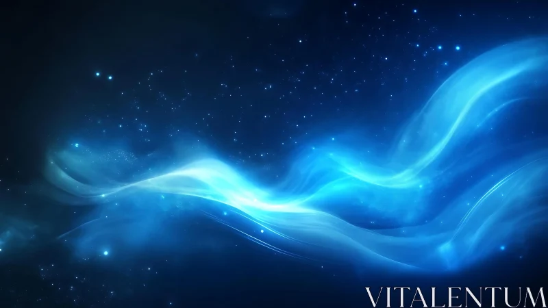 Abstract blue light waves and cosmic stars digital art background.