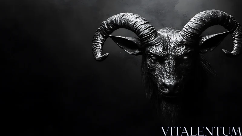 Horned goat-like black sculpture head on dark background.