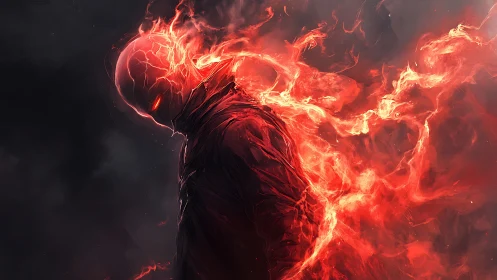 Flame-wreathed humanoid silhouette rendered in dynamic red plasma