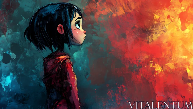 Blue haired child in profile framed by vivid bicolor nebula.