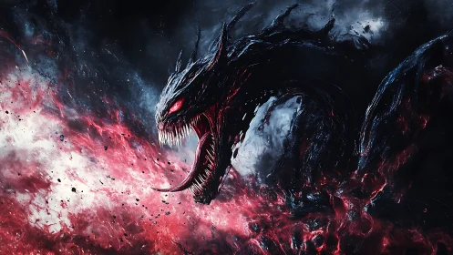Cosmic void dragon erupts from swirling red nebula storm.