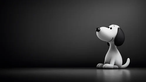 Cute cartoon dog sits in spotlight on dark background.