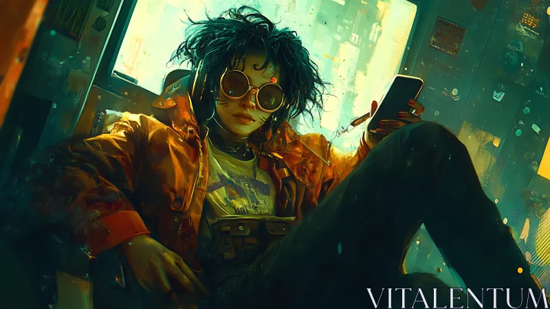 Cyberpunk rider sinks into neon city soundscape.