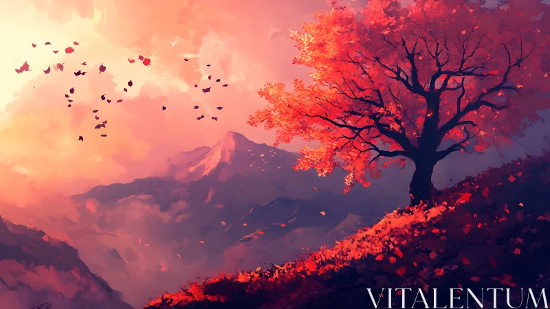 Crimson hillside tree watching mountains fade into dusk glow.