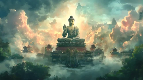 Colossal seated Buddha above fogged temple cityscape.