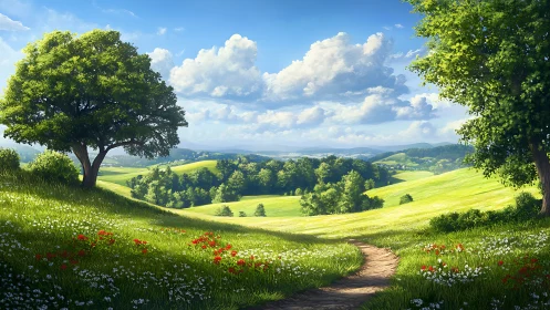 Sunlit meadow path wandering through rolling daydream hills.