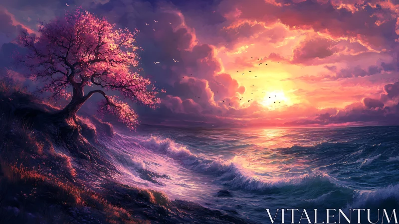 Coastal cherry tree beside ocean waves at vivid sunset.