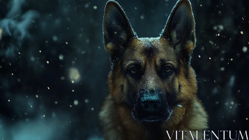 Snow-dusted shepherd gazing through cinematic winter night.