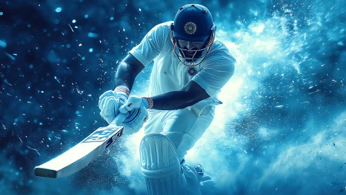 Cricket striker carves light through a storm of electric blue.