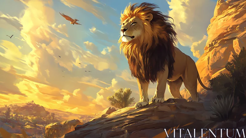 Lion standing on rocky ledge under warm sunset sky.