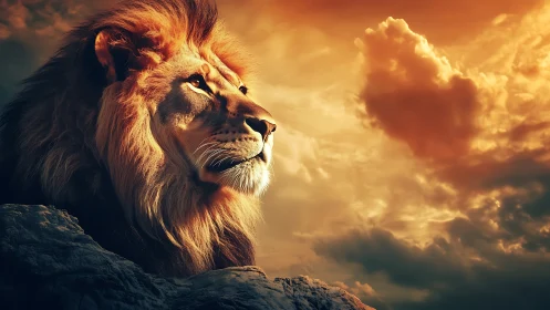 Majestic lion profile under blazing cinematic sunset sky.