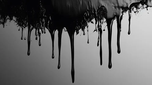Black liquid drips downward in elongated vertical streams