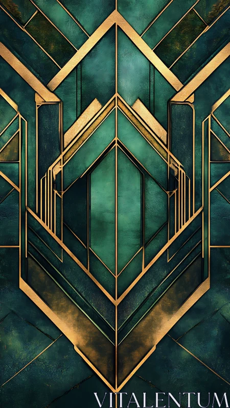 Emerald and gold Art Deco geometric panel with metallic inlays