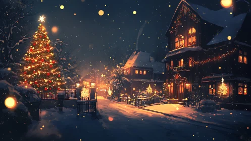 Winter night street with illuminated Christmas trees and houses.