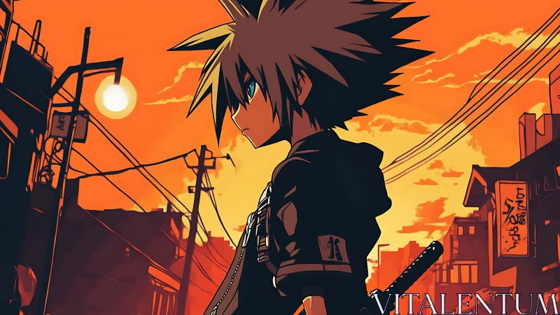 Sunset streets and a lone anime hero with quiet resolve.