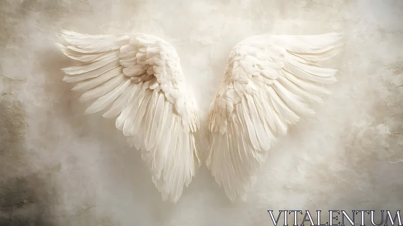 Silent alabaster angel wings suspended on a clouded wall.