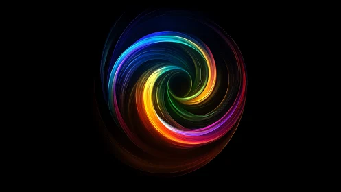 Chromatic vortex spiral on black background with radial light arcs.